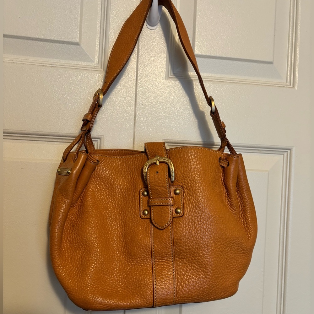 Vintage Dooney & Bourke Pebbled Leather Buckle Clasp Shoulder Purse in Mustard